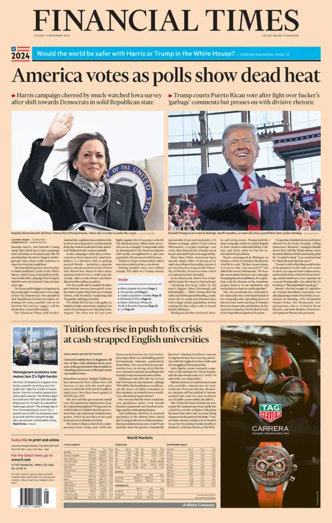 The headline on the front page of the Financial Times reads: "America votes as polls show dead heat"