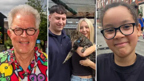 Three side-by-side images; on the left, a man with grey hair, glasses and a colourful shirt. In the middle, a man and woman hold a large tabby cat. On the right, a young child with glasses smiles.