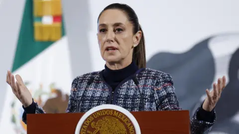 Prezydent EPA Meksyku Claudia Sheinbaum przemawia na konferencji prasowej w Pałacu Narodowym w Meksyku