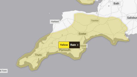 Image shows yellow rain warning area