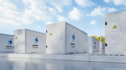 Getty Images An artist's impression of an energy storage plant with lots of large battery units