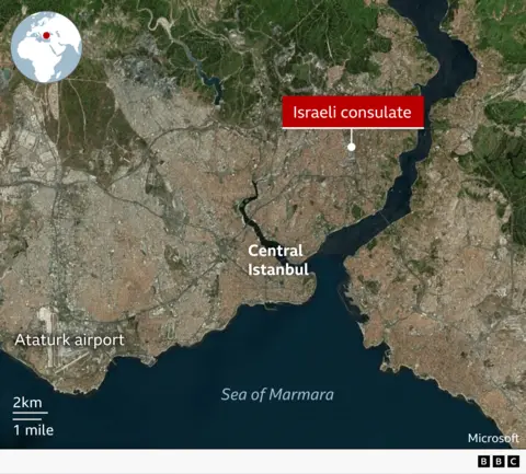 Satellite map of Istanbul showing the location of the Israeli consulate in the north of the European side of the city, marked with a red label. The map also labels Istanbul city centre, Ataturk Airport to the southwest, and the Sea of Marmara to the south. A small inset globe in the top left shows Turkey’s position in the world between Asia and Europe.