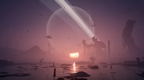 DMTesseracT Ltd A screenshot of a foggy, watery landscape littered with space-age debris and abandoned structures. A large, circular, moon-like light fills the centre of the purple-orange horizon and a lone beam of light flies from the ground up into the sky.