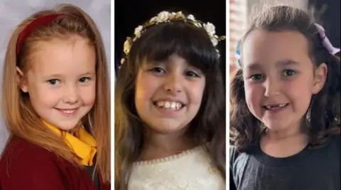 Family handouts A composite image of Elsie Dot Stancombe, Alice da Silva Aguiar, and Bebe King. In each photograph, all the girls are starring directly at the camera and smiling. Elise is wearing her school uniform, Alice is wearing a white dress and Bebe is earing a charcoal top.