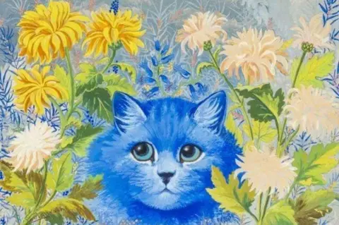 Rogers Jones Auctioneers Louis Wain's painting of a bright blue cat, its head poking through yellow flowers with green leafy stems