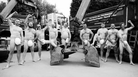 RJC Plant Services Ltd A black and white image of nine naked men, covering themselves with helmets.