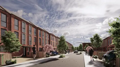 Wavensmere Homes An artist's impression of what the homes could look like, with a handful of trees outside two long stretches of terraced homes