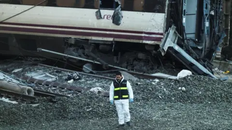A member of the Spanish Civil Guard stands near the wreckage of a train involved in the accident, at the site of a deadly derailment of two high-speed trains near Adamuz