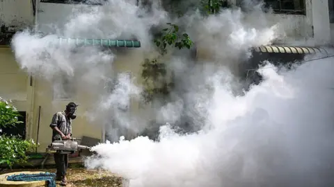 AFP via Getty Images A municipal worker fumigates a residential area in Colombo