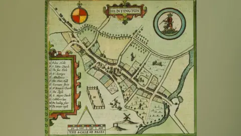 Cromwell Museum Coloured map of Huntingdon drawn in 1610 by John Speed