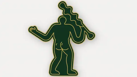 A green pin badge on a white background depicting the Cerne Abbas giant as imagined from behind, showing a bare bottom