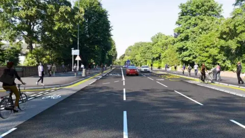 A computer generated image showing a three-lane road, one of which is a bus lane, with a segregated cycle lane on each side. There are cyclists using the cycle lane and pedestrians walking along the pavement. There are trees on either side and it's a sunny day.