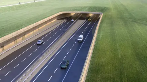 National Highways A CGI image of cars driving along a road underneath a tunnel which is covered in grass. 