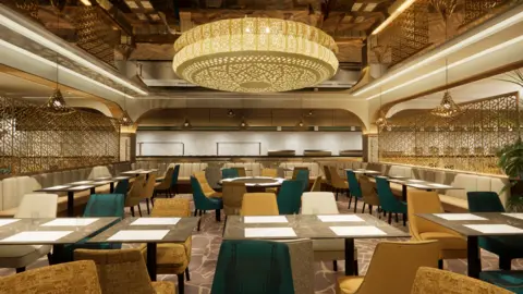 RoyalNawaab A golden chandelier hangs above a ornate dining room in a CGI image of the proposed restaurant revamp