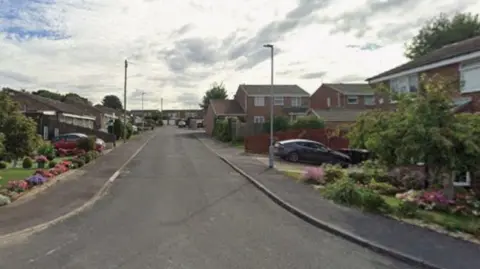 A quiet residential street lined with well‑kept houses and tidy front gardens. The road gently slopes upward toward the background, where more houses can be seen. On both sides of the street, there are a mixture of detached and semi‑detached brick homes, many with driveways and parked cars. The front gardens are neatly landscaped, featuring colourful flowers, shrubs, and small trees. A few streetlights line the pavement, and the sky above is partly cloudy with patches of blue showing through.