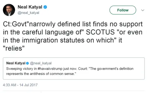 Twitter Tweet from @neal_katyal: Sweeping victory in #hawaiivstrump just now. Court: "The government's definition represents the antithesis of common sense."