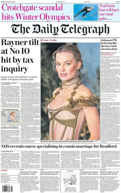 "Rayner tilt at No 10 hit by tax inquiry" reads the headline on the front page of the Daily Telegraph.