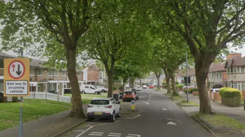 Google A residential road with houses and trees on both sides. The road has some speed cushions, which do not cover the whole wide of the lane they are in.