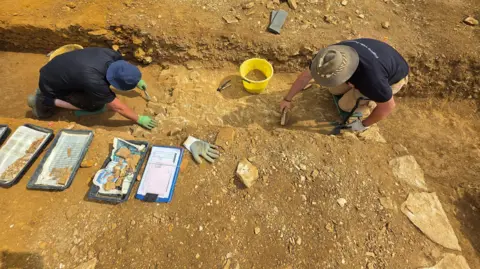 Two people, bent over, excavating a stone wall. They have buckets and items with them. Part of the wall and earth, are all around them. They are both wearing hats, blue T-shirts and shorts. 