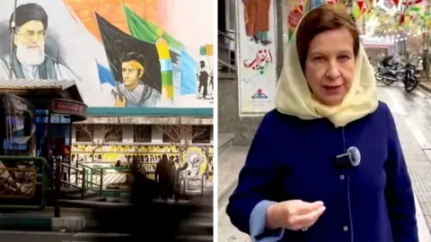 A composite image of Lyse Doucet on a street in Iran and a building with a political painting on it
