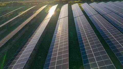 Sunlight glints off 14 rows of blue solar panels tilted upwards in a green field.