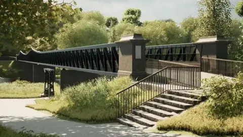 Artist impression of the new design for the Old Tram Bridge. It has steps up to a long black metal bridge across the river.