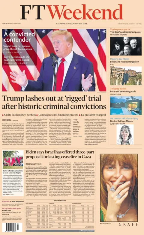 The headline in the Financial Times reads: Trump lashes out at 'rigged' trial after historic criminal convictions