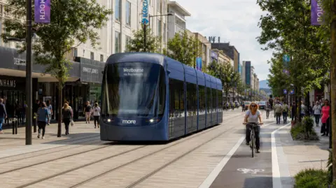 BCP Council A computer-generated image of a tram making its way through a town centre. The tram has an electronic sign reading "Westbourne" in its front. To the right, a woman in a white T-shirt is riding a bike along a cycle lane. 