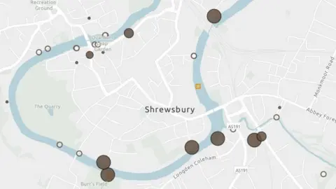 The Rivers Trust The Rivers Trust's interactive map showing discharges from monitored CSOs (brown) and the locations of CSOs which are not monitored (white) in Shrewsbury.