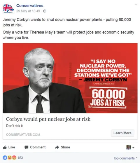 FACEBOOK/CONSERVATIVES Advert saying "Jeremy Corbyn wants to shut down nuclear power plants - putting 60,000 jobs at risk"
