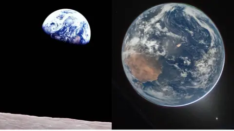 Bill Anders/Reid Wiseman/NASA Two photographs side by side. on the left a partially darkened but mostly bright blu ean dwhite Earth rising above the lunar surfac ein the foreground. On the right a view of the whole Earth in space, also mostly blu eand white but also a landmass of brown.