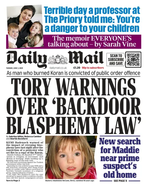 The headline on the front page of the Daily Mail reads "Tory warnings over 'backdoor blasphemy law'".