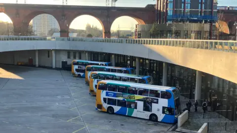 Buses waiting at the new Stockport Interchange