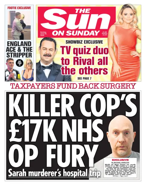 "Killer cop's £17k NHS op fury" reads the headline on the front page of The Sun.