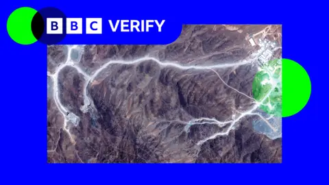 A satellite image showing access roads leading to tunnel entrances at Iran's Pickaxe Mountain