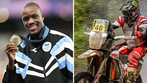 A split image showing Letsile Tebogo in a black, blue and white tracksuit with a gold Olympic medal alongside Ross Branch in white, red and black overalls on a motorbike