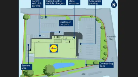 Lidl The image is a map of a Lidl store layout, highlighting key features and areas around the store. Here's a breakdown of what it shows:
Lidl Store: Clearly marked with a large Lidl logo.
Store Entrance: Indicated on the map for customer access.
Customer Car Park: A designated area for general parking.
Parent and Child Parking: Specially marked spaces for families.
Accessible Parking: Reserved spots for individuals with disabilities.
Rapid Electric Vehicle Chargers: EV charging stations available on-site.
Service Area: Likely used for deliveries and store operations.
Connecting Path: A pedestrian route linking different parts of the site.
Surrounding Roads: Includes Alexandra Way and the A46, helping to orient the location geographically.