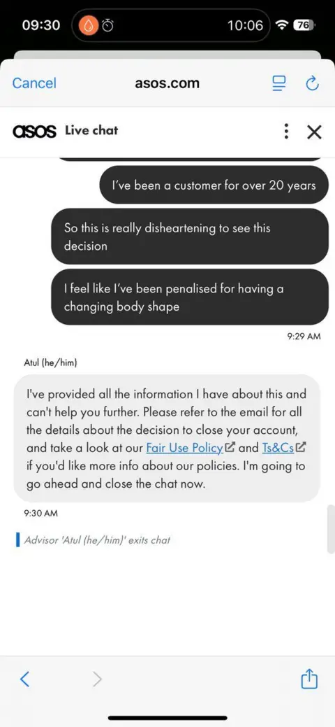 A screenshot of messages in the live chat function of the Asos website.