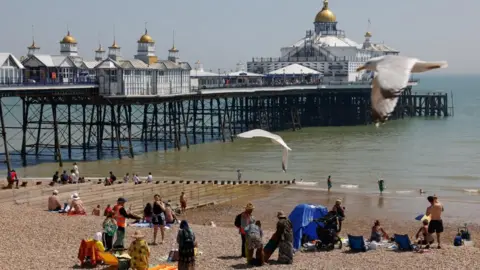 Eastbourne seafront and pier on a busy summer day