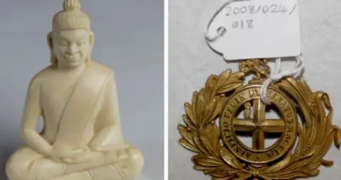 Two stolen artefacts are in this photo: A white buddha and a gold medallion
