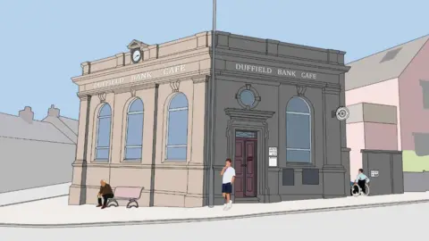 An artist's sketch of the 'Duffield Bank Cafe' in Duffield. The building is grey and there is a street with sketches of people on. 