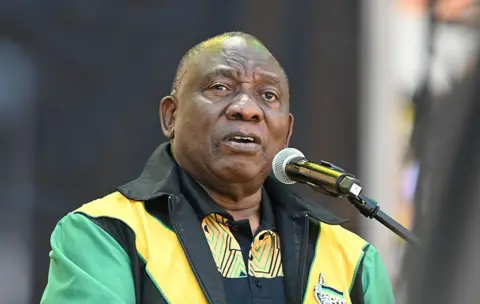 AFP Cyril Ramaphosa, president of South Africa, leader of the African National Congress (ANC) party, during the Siyanqoba rally at the FNB Stadium in Johannesburg, South Africa, Saturday, May.  25, 2024