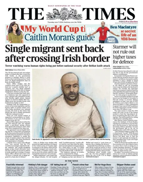 The headline on the front page of the Times reads: "Single migrant sent back after crossing Irish border."