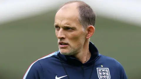 Thomas Tuchel, Manager of England, looks on during an England Training Session