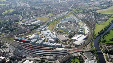 Homes England/Network Rail Aerial artist's impression of York Central site