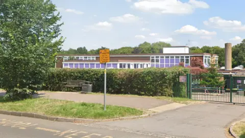A picture taken next to a road of a brown multi-storey school building with purple windows. There is a bush and green gate guarding the entrance.