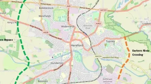 Herefordshire Council An image showing where the bypass route will go. 