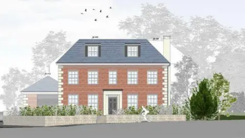 CBC/Adrian Gillman An artist's impression of the property which has received planning permission. It is a detached double fronted property, with two windows on each side. It also has a garage on the left hand side.