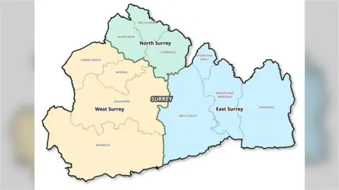 Runnymede Borough Council A map showing the areas the three authorities would cover.