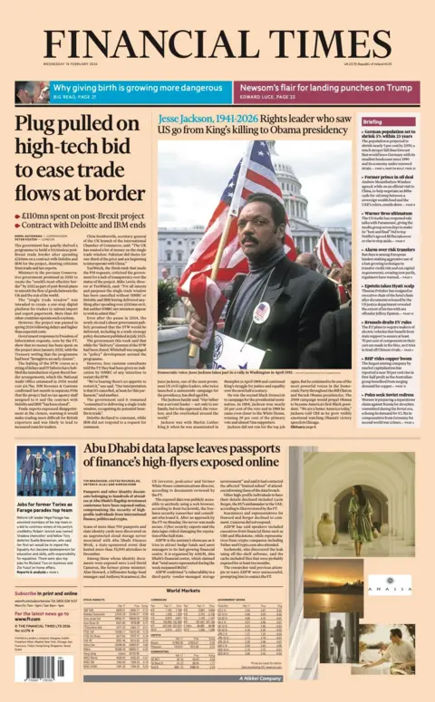The front page of the Financial Times reads: "Plug pulled on high-tech bid to ease trade flows at border." 